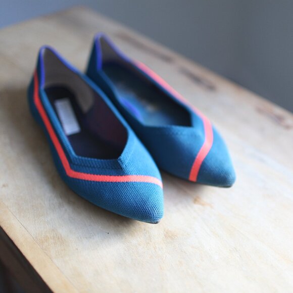 Rothy's The Point turquoise blue and hot pink coral stripe ballet flats 11.5 - Picture 6 of 8